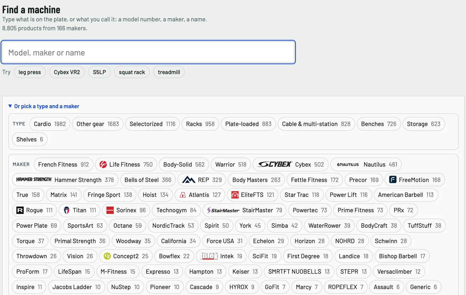 Find a machine: search by model, maker or name, or pick a type and a maker