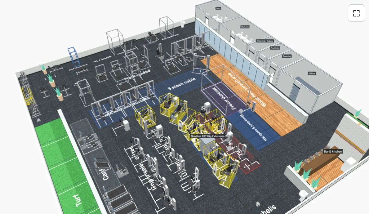 Gym Fleet's 3D view of a gym floor with about 90 machines in place