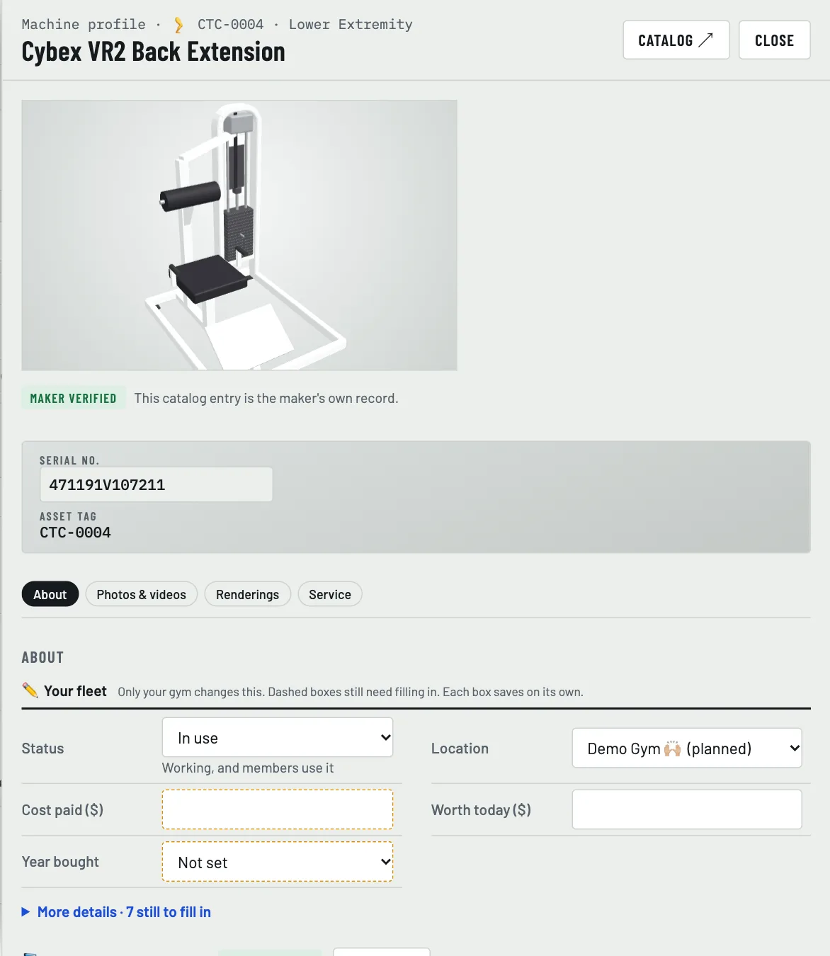 A machine's profile with its 3D model and the maker's facts