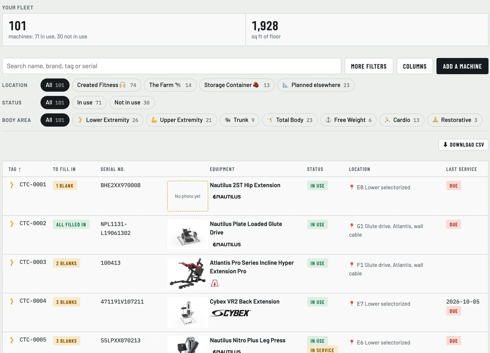 The fleet list: tags, serial numbers, makers, status, location and last service