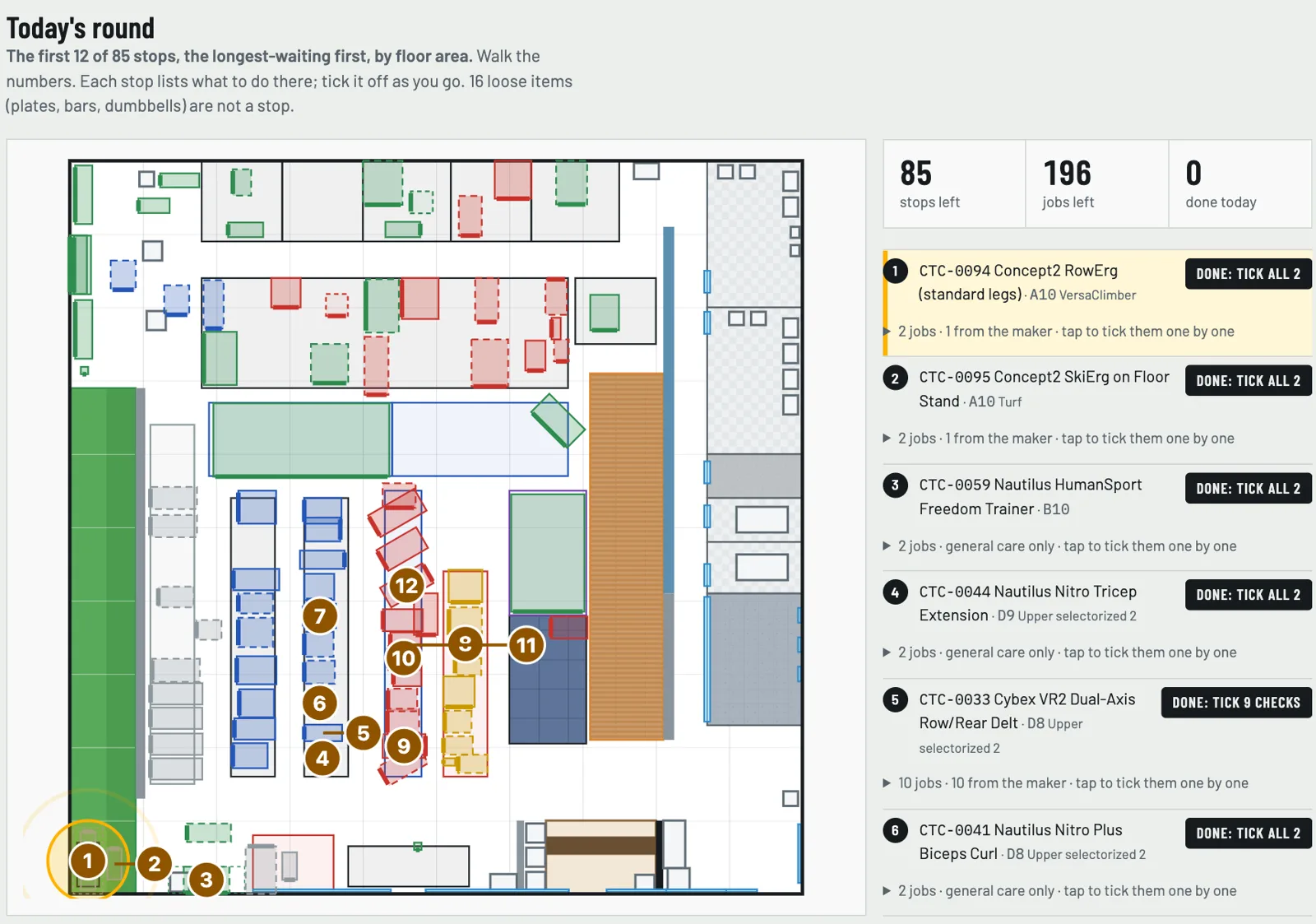 Today's round: numbered stops on the floor plan and a list of jobs to tick off