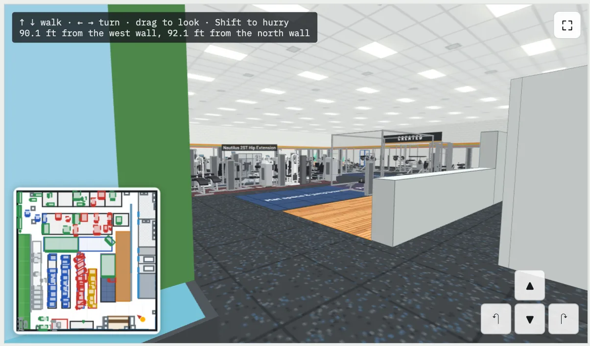 Walk mode: a first-person view inside the 3D gym with a small map